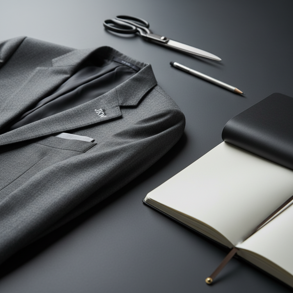 A close-up of a perfectly tailored grey suit jacket laid flat on a smooth, charcoal-colored table, its lapel gently folded back to reveal a discreetly embroidered monogram: “JKW.” Next to the jacket lies a minimalist, matte-black notebook partly opened, with a single, precisely placed bookmark. A pair of slender tailoring shears and a mechanical pencil form a subtle diagonal across the scene. Cool, controlled studio lighting from the top left creates crisp highlights on metal edges and soft, graduated shadows, suggesting discipline and craft. Captured from a slightly elevated angle with shallow depth of field, the image feels calm, analytical, and professional, with clean lines and a neutral palette suited to a literary blog header.