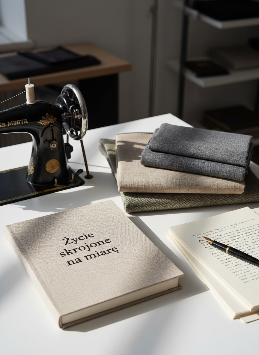 A meticulously arranged writing desk in a quiet studio, featuring a vintage steel sewing machine beside an open, cloth-bound manuscript titled “Życie skrojone na miarę.” Bolts of neutral-toned suiting fabric are folded with geometric precision, their subtle textures clearly visible. A fountain pen rests diagonally across crisp, cream pages filled with neatly aligned text. Soft, diffused daylight enters from an unseen side window, casting clean, linear shadows that echo the blog’s structured, professional tone. Shot at eye level with a slight angle to reveal depth, the background fades into gentle blur, emphasizing the tools of both tailor and writer. The composition is balanced and minimalist, in photographic realism with a corporate, editorial aesthetic.